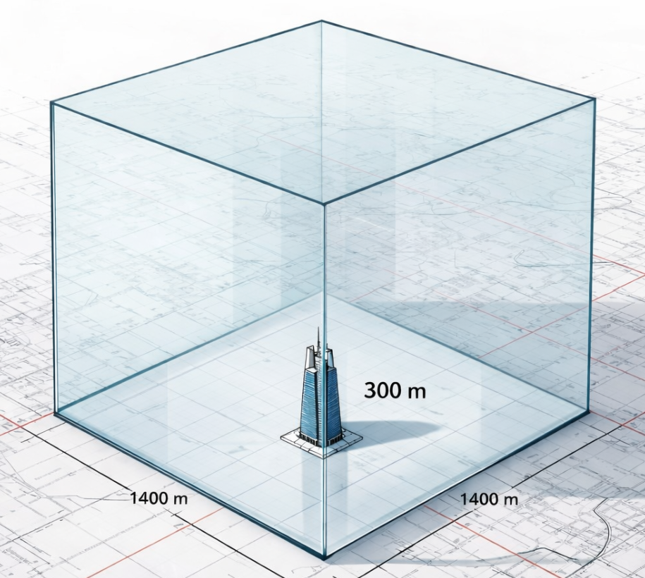 Cubo de 1.400×1.400×1.531 m comparado con Costanera Center